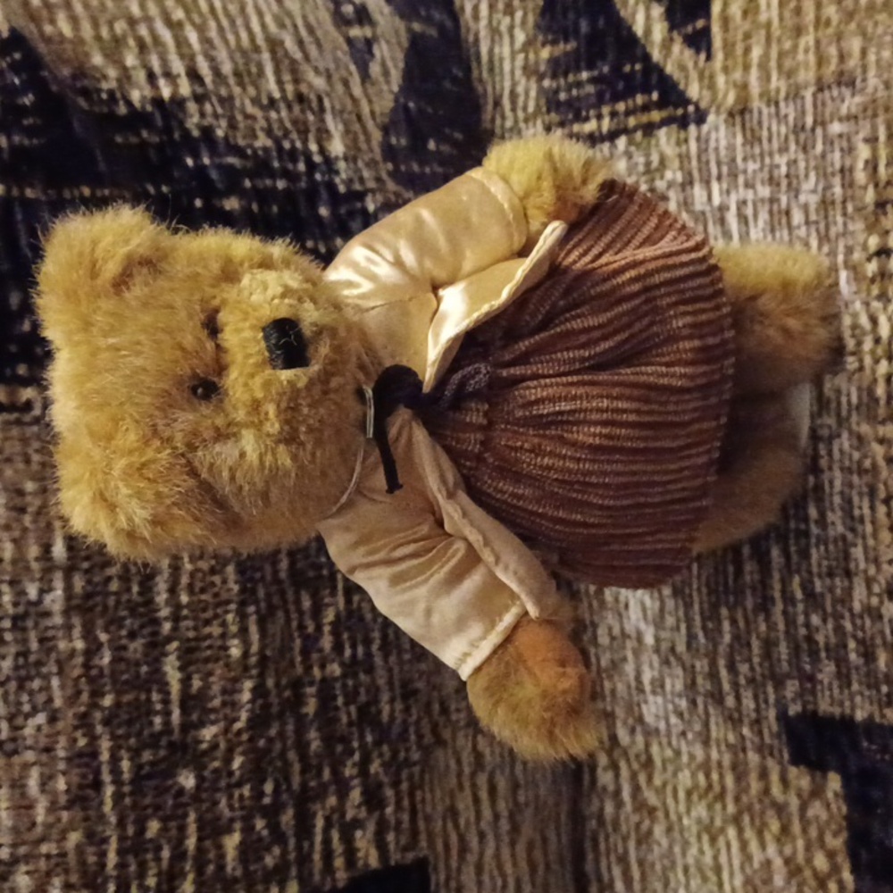4/$80 Adorable Tan Teddy Bear with Beige Jacket & Brown Corduroy Dress - Stand